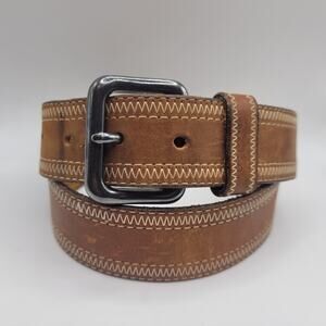 Brown Leather Belt 32 Contrast Stitch Gunmetal Buckle Casual Workwear Western